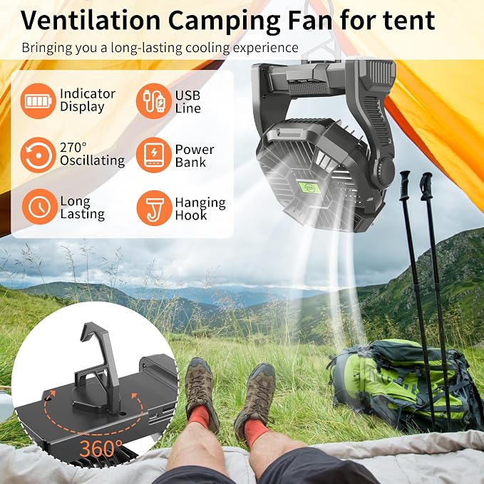 Rechargeable Portable Camping Fan for Tent with LED Light, 20000mAh USB Personal Battery Powered Fan Outdoor Camping Essentials Battery Operated Portable for Travel Beach Essentials X23 Black - Image 6
