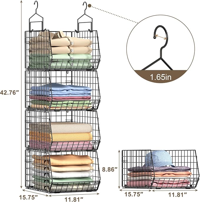 4" Extra Deeper Hanging Closet Organizers and Storage,4 Tier Foldable Wire Cabinet Shelves with 5 S Hooks,Small Metal Basket Bins for Clothes Sweaters Handbags, Wardrobe for Kitchen Laundry Room，Black - Image 3