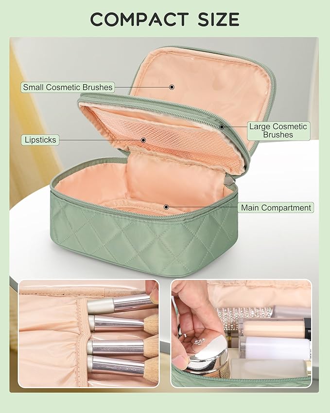 Relavel Travel Makeup Bag, Cosmetic Bag for Girls with 2 Makeup Brush Holders, Portable Makeup Pouch for Women, Cute Toiletry Bag with Double Layer Organizer - Green | Compact Makeup Pouch for Short Trip, Cute Toiletry Bag with Double Layer Organizer -... - Image 3