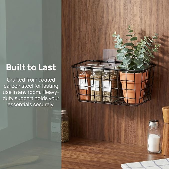 2 Set Adhesive Hanging Wall Basket Inside Cabinet Door Organizer,Wall Storage Basket-No Drilling Adhesive wall Basket for Cupboard Door,Space-Saving Small Hanging Baskets for Wall Mount Storage,Black - Image 11