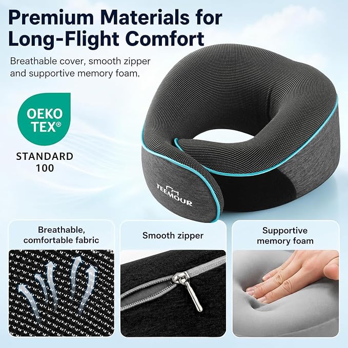 Travel Neck Pillow for Airplane -Memory Foam Travel Pillow for Long Flights/Car Sleep 360° Support Airplane Pillow, With Eye Mask & Earplugs, Portable Carry Bag | Airplane Accessories Washable Cover - Image 4