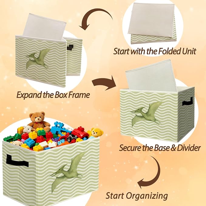 Vintage Dinosaur Boy Nursery Storage Bins Box with Handles Organizer Basket | pterodactyl foldable basket for organizing, dino green stripe collapsible toys clothes for playroom toddler bedroom, 10x14 in - Image 6