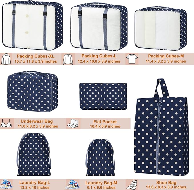 Packing Cubes for Travel - 8 Set Luggage Organizer Bags for Family, Mesh Breathable Packing Cubes for Suitcases Durable Travel Essentials Bags Set (Polka Dots) - Image 2