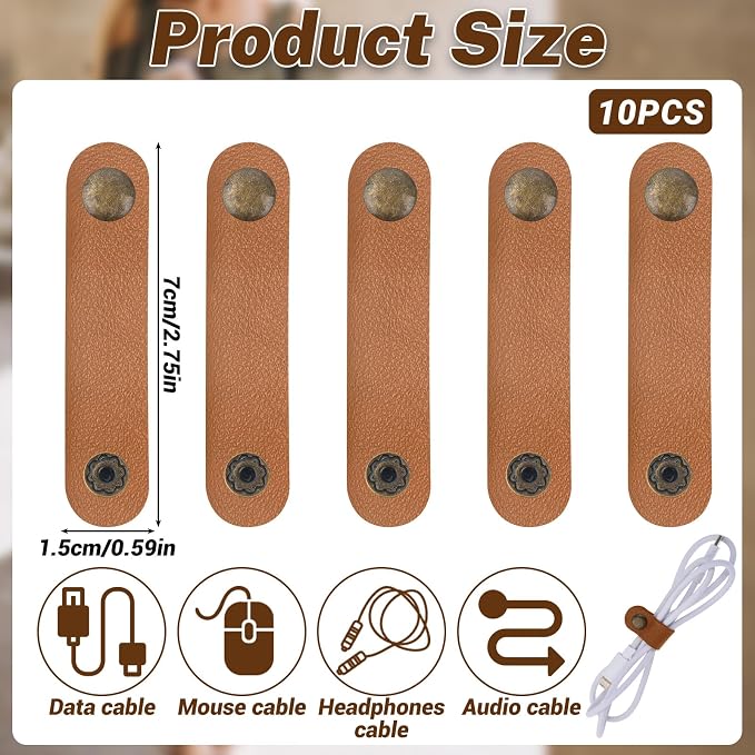 Salbsever 10pcs Classic Leather Cord Organizer Straps, Brown, Zip, Cable Straps - Image 2