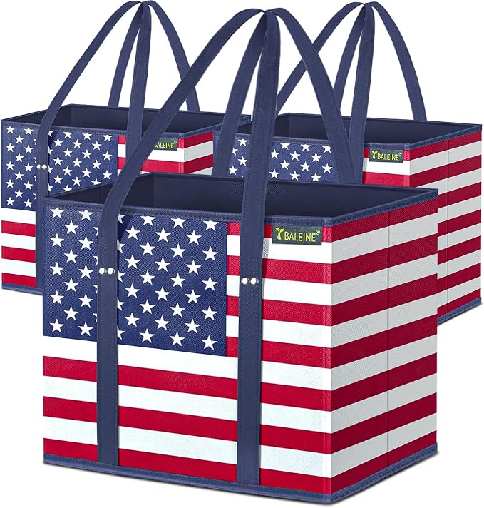 BALEINE 3PK Reusable Grocery Bags, Heavy Duty Shopping Tote Bag | 12'' Long Handles, Reinforced Bottom Keeps Upright, Fold Flat Storage, Water-Resistant Shopping Bag, Multiple Color Options by BALEINE