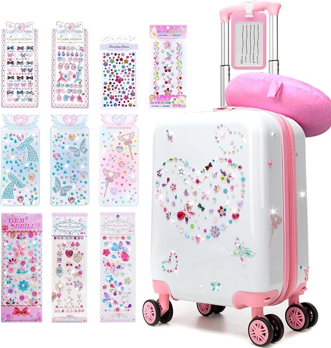 Kids Luggage Sets 2 Piece Pink Rolling Suitcases for Girls with Wheel Shardshell 16" Travel Suitcase with 10 Sheets Gem Stickers by Unknown