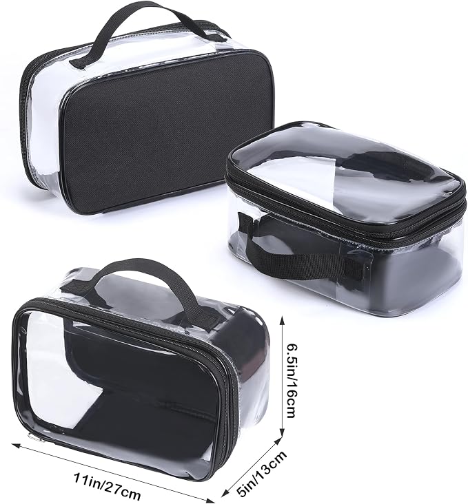 BORMELUN Large Clear travel bags for toiletries pouches carry on reusable,purse see-through plastic pvc TSA airport approved with handle (Black) - Image 2
