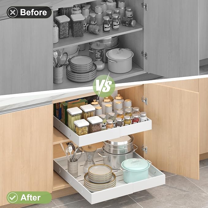 2-Pack-Expandable-Pull-Out-Cabinet-Organizers, No Drill Slide Out Drawers | Adjustable Pull Out Shelf With Raising Pad For Kitchen Framed Cabinet, Heavy Duty Sliding Roll Out Drawers Inside Cabinet - Image 6