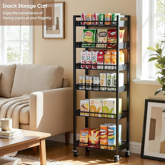 6 Tier Slim Storage Cart, Narrow Rolling Cart with Wheels, 10in(W) | Narrow Mobile Utility Shelf Unit Organizer for Kitchen, Bathroom, Laundry Room, Living Room, Small Places, Black - Image 8