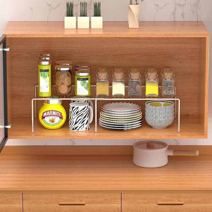 Kitchen Cabinet Expandable Shelf Organizers Set of 2, Adjustable Metal Wire Pantry Storage Shelves, Plate Dish Organizer Rack for Cabinets, Cupboard, Counter, Freezer, Countertop, Chrome - Image 5
