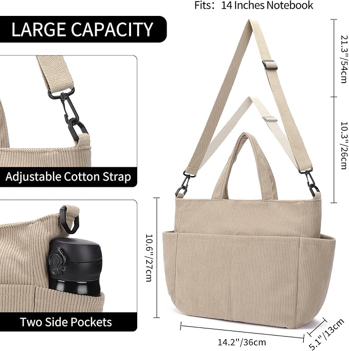 Corduroy Tote Bag for Women Crossbody Bags Lightweight Handbags Shoulder Bag with Zipper Pockets for Work Shopping - Image 4