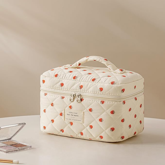 HBselect Quilted Makeup Bag, 3Pcs Cotton Large Travel Makeup Bags Organizer | Cute Floral Make up Bag Cosmetic Bag Toiletry Bag for Women Girls, Makeup Pouch for Skincare, Brushes & Travel Essentials - Image 5