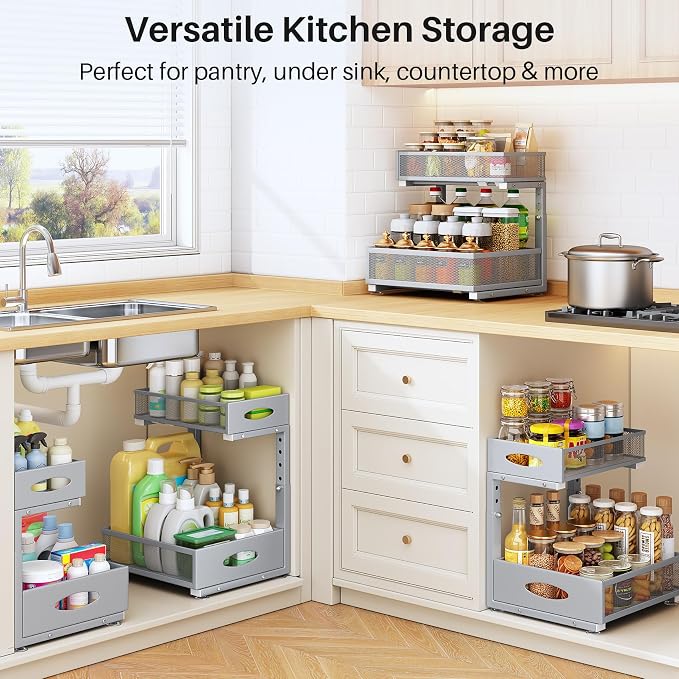 Under Sink Organizer, 2 Tier Pull Out Under Cabinet Organizer Shelf with Pad for Framed Cabinets, Metal Slide Out Under Sink Storage, Mesh Sliding Drawers for Kitchen Bathroom Laundry(Grey, 1 Pack) - Image 8