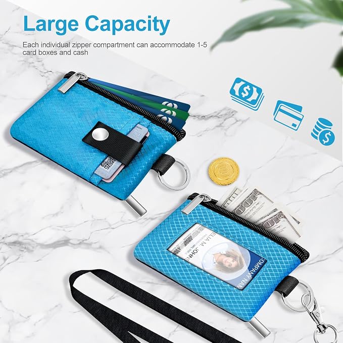 Minimalist RFID Blocking Small Wallet with ID Window,WaterResistant Zip Id Case Wallet with Lanyard Keychain for Cards,Cash,Travel,Women,Men (Lake Blue) - Image 7