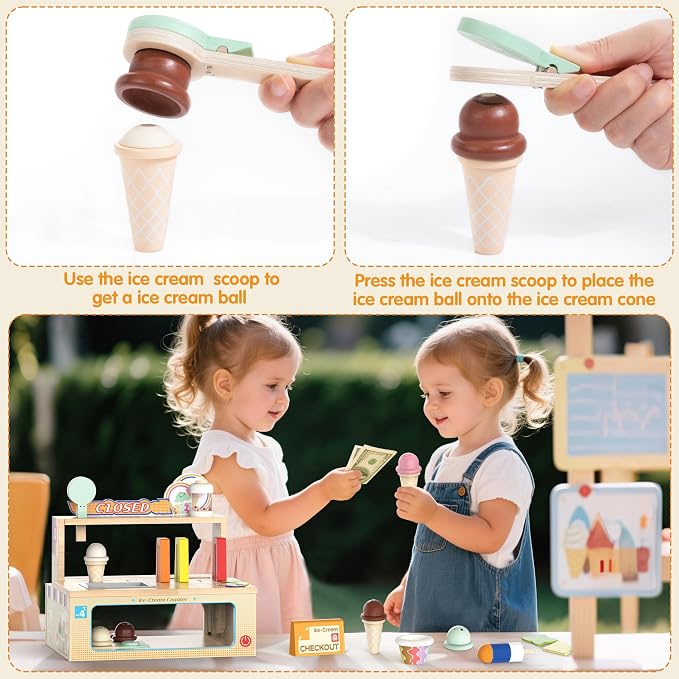 WOODMAM Foldable Wooden Ice Cream Toy, Pretend Play Food Store for Kids | Ice Cream Counter with Storage, 52 Pcs Kitchen Playset Fake Money & Menu, Birthday Gift for 3 4 5 6 Year Old Girls Boys - Image 7