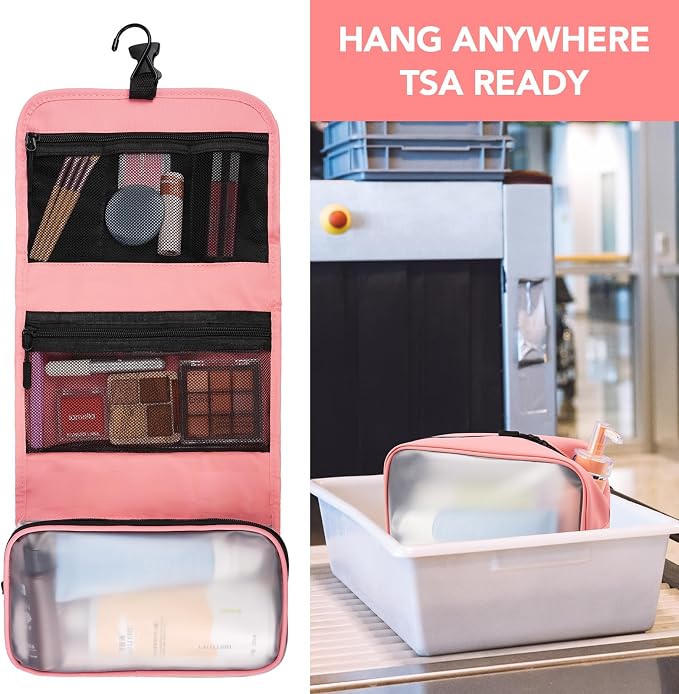 5-Piece Travel Toiletry Bag for Women, Organize Toiletries and Cosmetics | Personal Travel Essentials, with Hanging Toiletry Bag, Clear Cosmetic Bag, Makeup Bag, Jewelry Case & Cable Pouch - Pink - Image 7