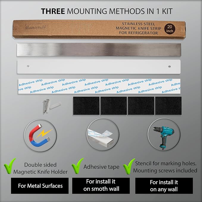 Premium Magnetic Knife Holder for Refrigerator – 20 Inch Professional Double Sided Magnetic Knife Strip for Fridge - Stainless Steel Magnetic Knife Holder for Wall Self Adhesive - Image 6
