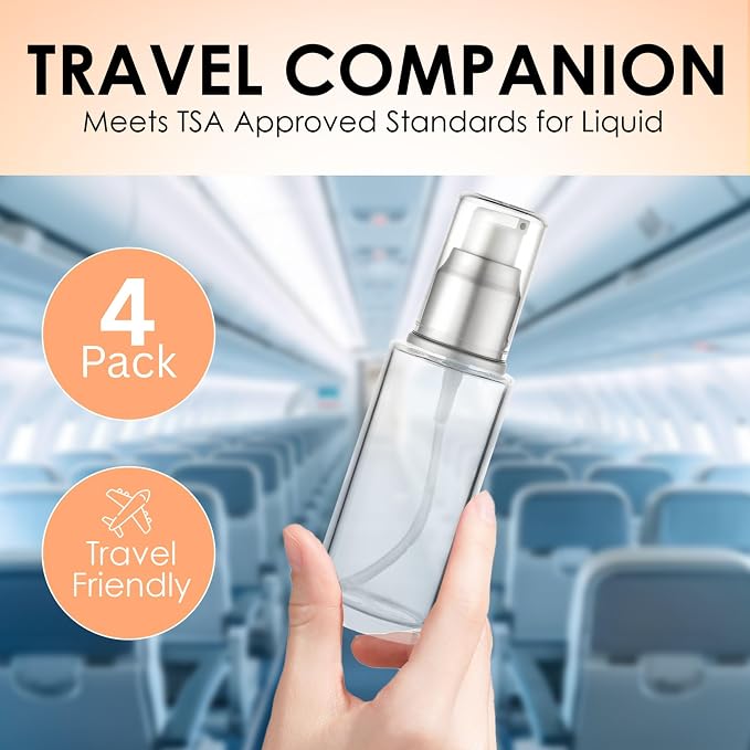 Clear Glass Pump Bottle (4-Pack) 1.7 Oz 50ml - Refillable, Lotion | Silver Cap, Luxury, Serum, Foundation, Body Cream, Sanitizer, Cosmetics, Travel - Image 7