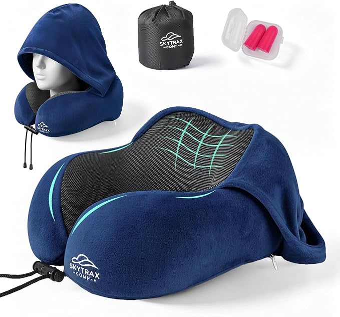 SkytraxComf® Travel Neck Pillow with Hood for Privacy on Long Flights | Memory Foam | Airplane Sleep | Safety-Tested Materials | Extra Large Hood | Chin Support | Earplugs | Washable Cover - Image 9