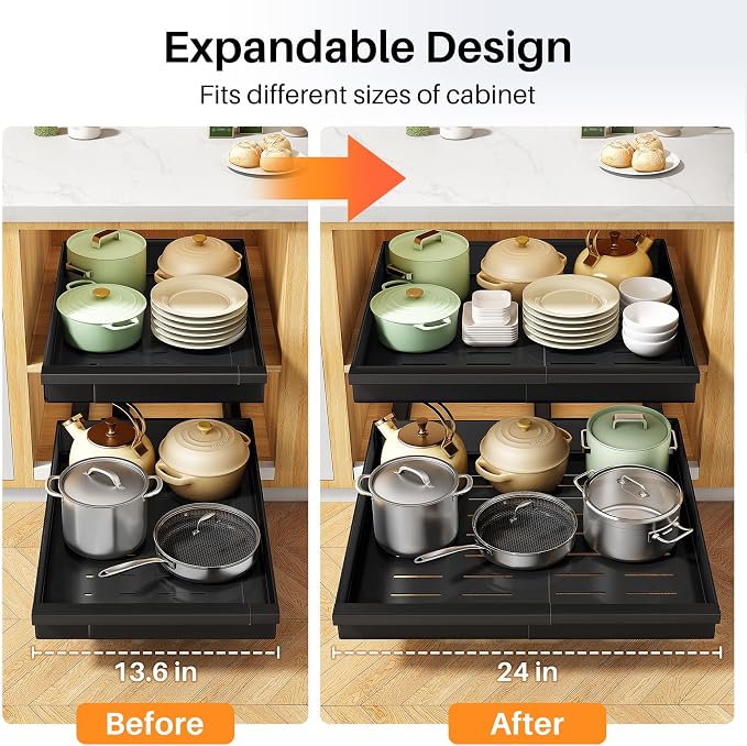 Pull out Cabinet Organizer, 1-Pack Expandable(13.6"-24") Silde out Drawers with Raising Pad for Framed Cabinets, Adjustable Full-Extension Adhesive Roll out Shelves for Kitchen Pantry Home Pot and Pan - Image 9