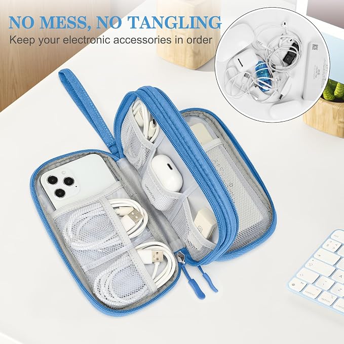 FYY Electronic Organizer, Travel Tech Pouch Bag, Cable Organizer Cyan | Wrist Strap, Waterproof, Double Layers Portable Electronics Travel Carrying Case for Cord, Charger, Daily Business Trips Use - Image 5