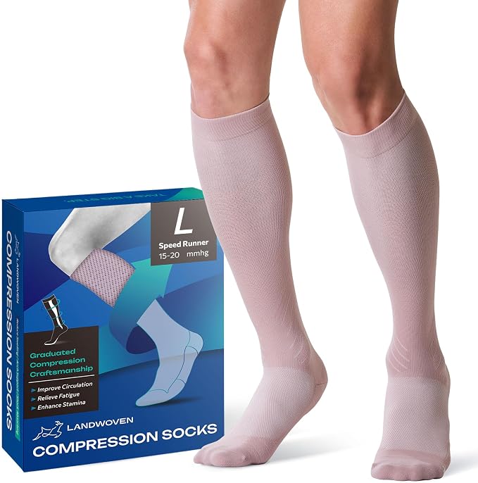 Compression Socks for Women and Men, 15-20mmHg Knee High Support Socks, Lightweight Breathable Travel and Running Socks for Flying, Training, Work and Daily Wear, S-L, 1 Pair by LANDWOVEN-SpeedRunner