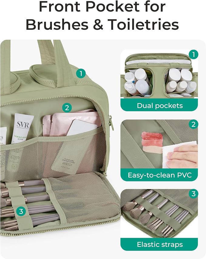 BAGSMART Travel Toiletry Bag, Lightweight Large Wide-open Travel Bag for Women, Puffy Cosmetic Makeup Bag Organizer with Handle for Accessories,Essentials, Toiletries, Green - Image 3