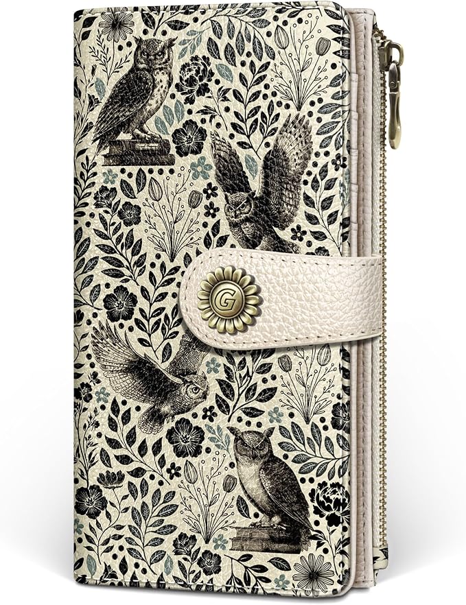 GIANCOMICS Owl Womens Wallet RFID Blocking Flower Credit Card Holder Bifold | Billfold, Cute Cash Purse, Travel Zipper Coin Pocket, Compact Clutch, PU Leather, ID Window, 11 Card Slots, Ladies Gift Woman by Giancomics