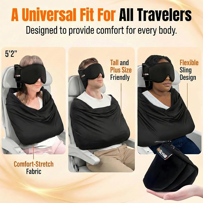 2 Pack 3-in-1 Airplane Sleep Support System - Plane Sleeping Accessories with Memory Foam Long Haul Flight Pillow, Adjustable Travel Eye Mask, and Blanket-Like Body Sling - Fits in Carry On - Image 5