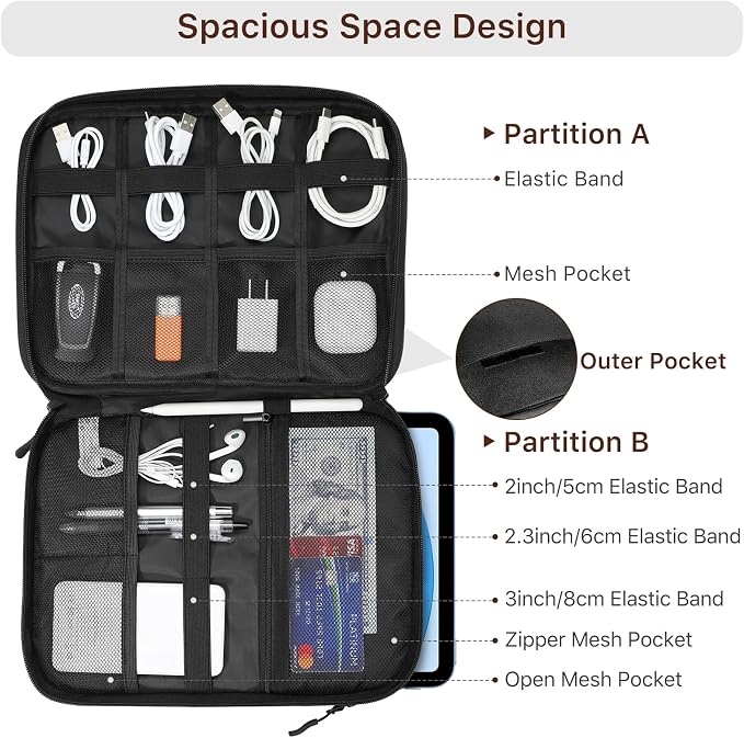 Dadanism Electronics Travel Organizer Case, Double Layers Cord Organizer | Travel All-in-One Storage Bag for Cable, Cord, iPad, Chargers, fits 9-11'' Tablets, Portable Tech Accessories Bag, Black - Image 5