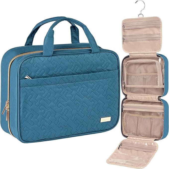 NISHEL Travel Toiletry Bag for women, Portable Hanging makeup Organizer | for Travel-Sized Shampoo, Conditioner, Brushes Set, makeup Accessories, Large Size, Lake-Blue by NISHEL