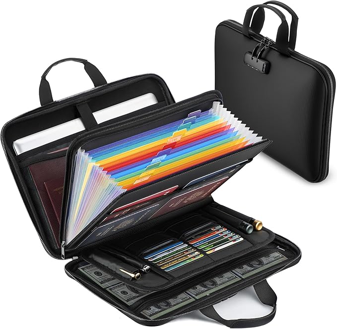 facka Fireproof Document Box with Lock, Hard-Shell Safe File Organizer | 13-Pocket Accordion Folder for Important & Legal Documents, Laptop, Passport, Cards & Valuables, Home Office Travel Black by Facka