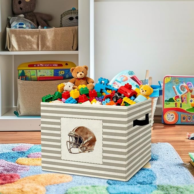 Rustic Football Helmet Storage Bins Boxes Handles | grey striped nursery foldable basket for organizing bedroom toddler playroom - Image 2