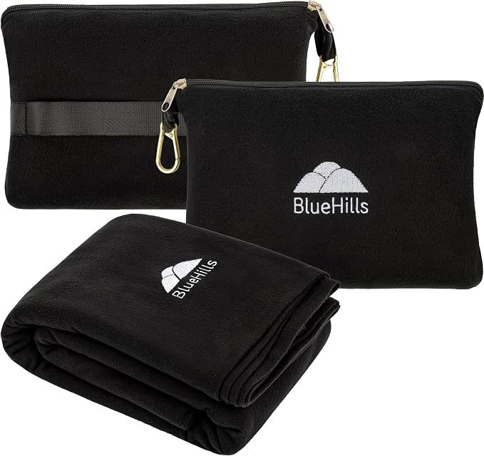 BlueHills Premium Soft Lightweight Travel Blanket Pillow 2 in 1 - Black | 2 in 1 Compact Travel Pillow, 70 X 56 Inches Long, Portable & Lightweight, Long Flight Comfort, Traveling Essential Accessory by BlueHills
