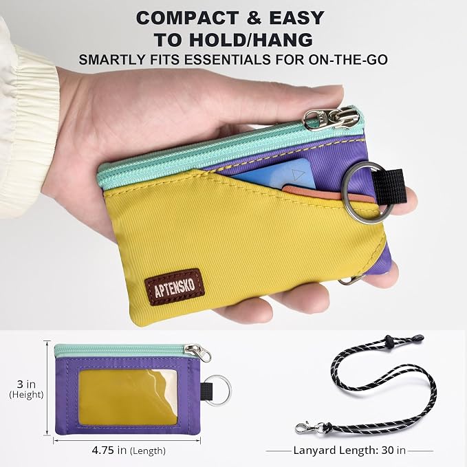 RFID Blocking Travel Wallet with Adjustable Lanyard, Small Nylon Zipper Pouch and Badge Holder for ID, Credit Cards, Cash, Keys, Commuters (DarkYellow+Violet) - Image 4