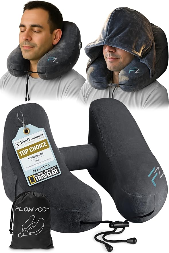 FLOWZOOM Air Inflatable Neck Pillow for Traveling on Plane - H-Shape Hooded Airplane Pillow with 5 Snooze Modes, Fast Inflation, Pressure Control, Cozy Clip-On Hood & Plushy Cover - Size L, Jet Black by FLOWZOOM