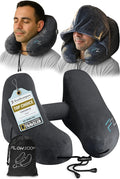 FLOWZOOM Air Inflatable Neck Pillow for Traveling on Plane - H-Shape Hooded Airplane Pillow with 5 Snooze Modes, Fast Inflation, Pressure Control, Cozy Clip-On Hood & Plushy Cover - Size L, Jet Black by FLOWZOOM