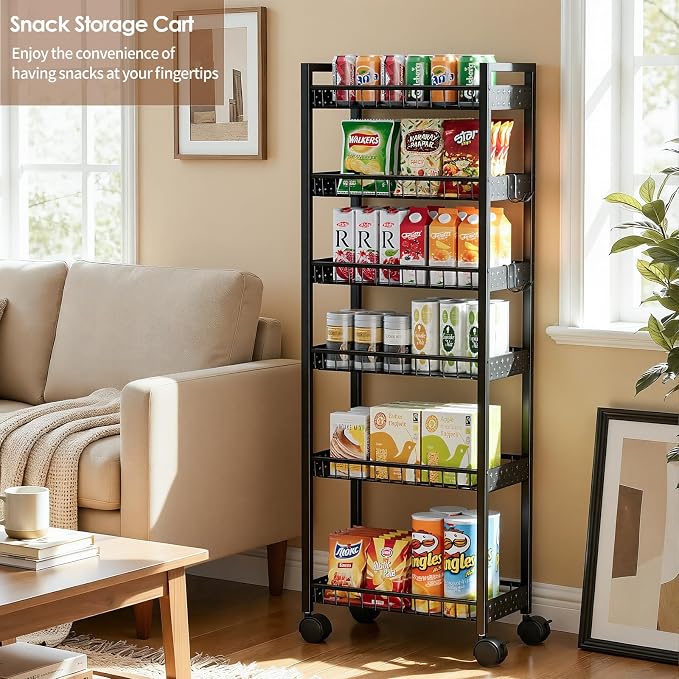 6 Tier Slim Storage Cart, Narrow Rolling Cart with Wheels, 6in(W) | Narrow Mobile Utility Shelf Unit Organizer for Kitchen, Bathroom, Laundry Room, Living Room, Small Places, Black - Image 8