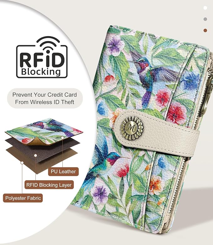 Hummingbird Wallet Women RFID, Passport Holder, Credit Card Holder | 6.7" x 4.4" x 1.3" Bifold, Travel billfold, Zipper Pocket, PU Leather, Clutch, Purse, ID Window, Pen Holder, Gift Ladies Girl - Image 4