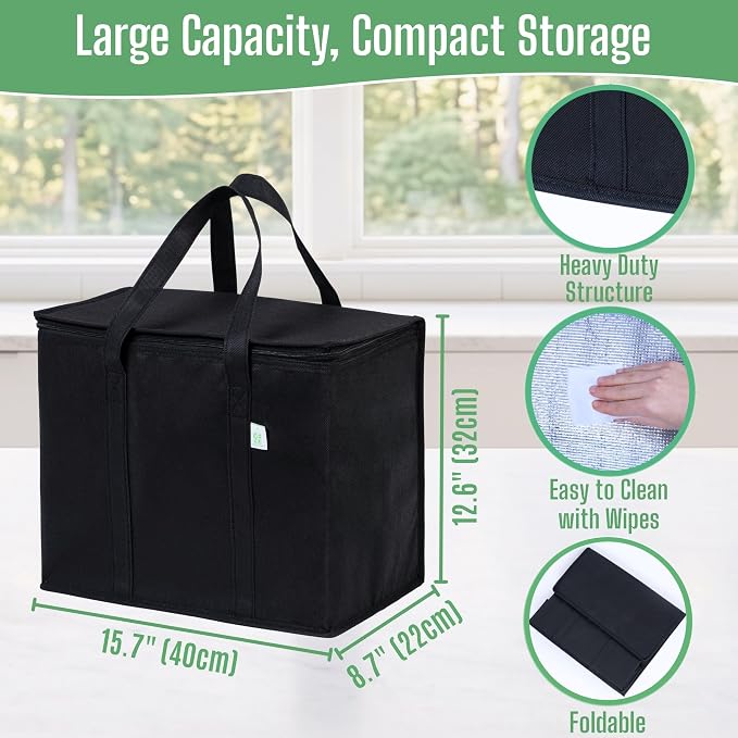 VENO 3 Pack Insulated Cooler Reusable Grocery Shopping Bag Food Delivery | Large Collapsible Cooler, Reusable Shopping Tote w/ Zippers, Foldable, Stands Upright, for Groceries Camping (Black, 3 Pack) - Image 2