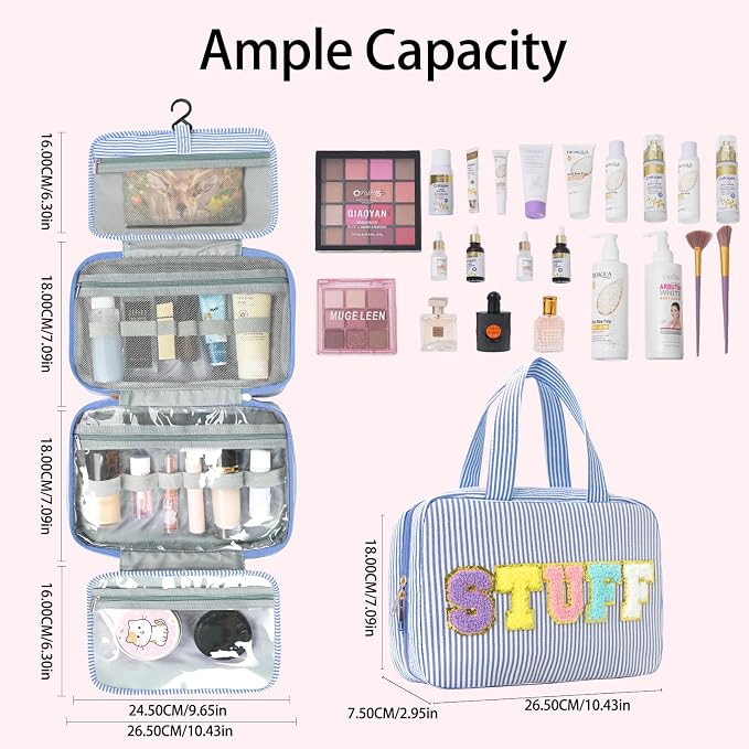 Hanging Toiletry Bag for Women Chenille Letter Travel Cosmetic Bag Fashion Stripes Water-resistant Makeup Bag for Store Toiletries Cosmetic Accessories Medium Blue - Image 4