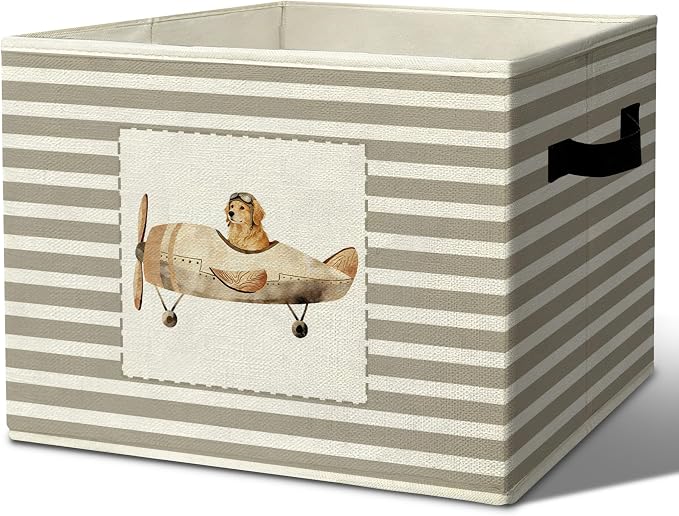 Rustic Golden Retriever Airplane Storage Bins Boxes Handles | grey striped nursery foldable basket for organizing bedroom toddler playroom by Unknown
