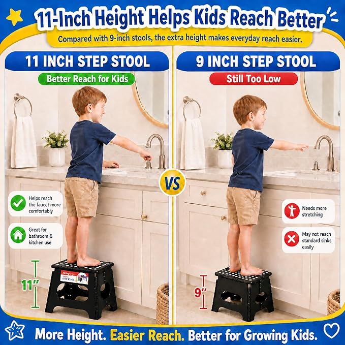 11 Inch Folding Step Stool for Kids, Non-Slip Foldable Stools, Black | Heavy Duty Collapsible Foot Stool, Lightweight with Built-in Handle, Holds 300 lb for Adults Kitchen Bathroom Bedroom Outdoor - Image 3