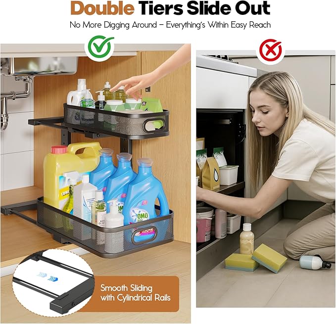 2 Pack 15.7IN-Depth Under Sink Organizer With Smooth Cylindrical Rail,2-Tier Pull Out Multi-Purpose Cabinet Storage for Bathroom&Kitchen,Height Adjustable,Rust-resistant Coating-Black - Image 3
