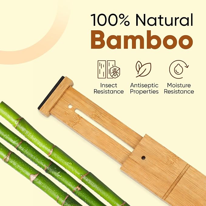 6 Pack Bamboo Drawer Dividers with 12 Inserts, Adjustable 17–22 Inch Expandable Drawer Organizer for Kitchen, Dresser & Closet, Bamboo Kitchen Drawer Organizer, Drawer Divider Set - Image 9