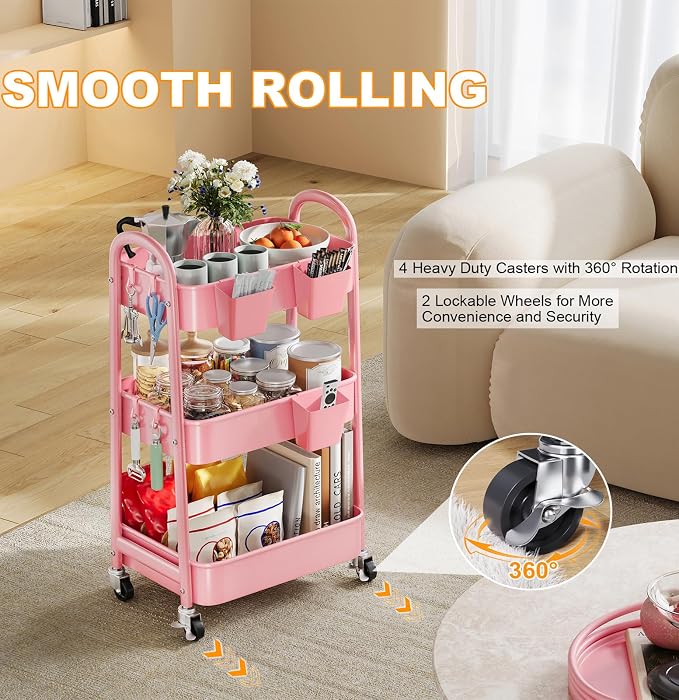 3 Tier Rolling Storage Cart Metal with Wheels, Pink Three Tiered Craft Cart | Utility Roller Shelf Carts on Wheels for Baby Nursery, Diaper Caddy, Art, Book, Nail Organizer, Makeup,Lash,Tech, Salon, Hair - Image 6