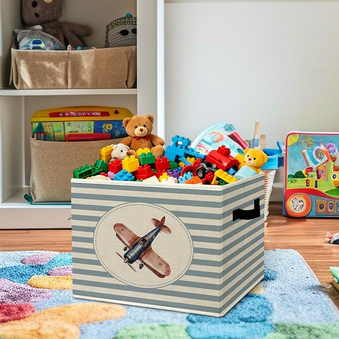 Rustic Airplane Storage Bins Boxes with Handles | toys books clothes, blue striped nursery foldable basket for organizing bedroom toddler room playroom - Image 2