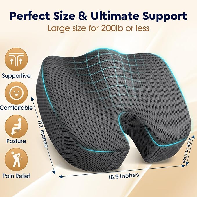 Seat Cushion, Memory Foam Office Chair Cushion - Black, XXX-Large | for Car Seat, Airplane, Desk Chair - Sciatica & Hip & Coccyx Pain Relief Cushion for Long Sitting Office Workers, Car Drivers - Image 2