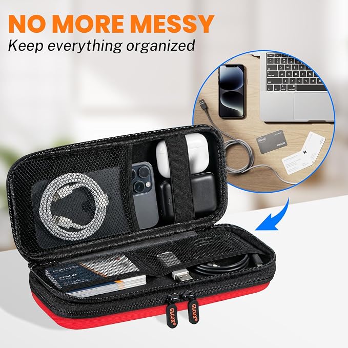 Red Double-Layer Hard Carrying Case, Electronics Organizer Travel Pouch | Multi-Pocket Zipper Tech Bag for Charger, Power Bank, Phone, USB Flash Drive, Cord, Cable - Image 4