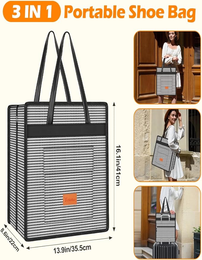Yotako Shoe Bag for Travel with Leathers Handle Stripe | Shoe Organizer with Pockets,3 in 1 Hanging Luggage Shoe Storage Bag,Travel Shoe Bag for Women Men Fit 6 PCS Shoes - Image 5